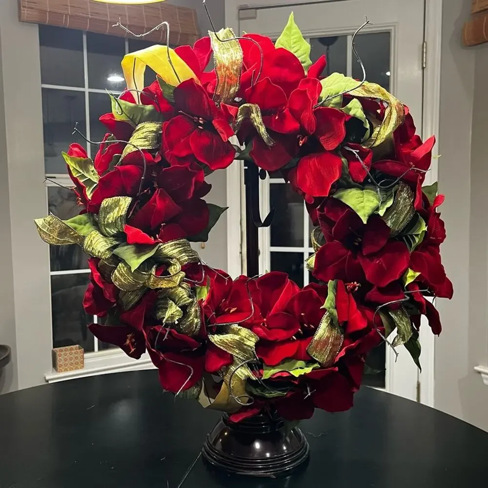 NEW Pottery Barn Poinsettia Decorative Christmas Holiday Hanging Wreath Round